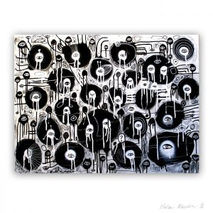 1 Crazy world 1 Planet of eyes 1 oerjne 80x60 cm acrylic on canvas abstrakte malerier til salg helen kholin hvod og sort blask and white