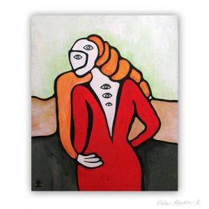 2 woman in red abstrakt maleri 60×50 cm artseries eyes 2 by helen kholin til salg painting